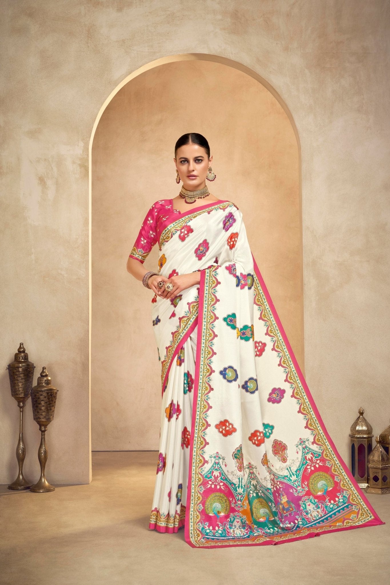 Cream Bandhani Printed Saree with Multicolor Peacock Motifs and Pink Border - Mangaldeep NX