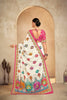 Cream Bandhani Printed Saree with Multicolor Peacock Motifs and Pink Border - Mangaldeep NX