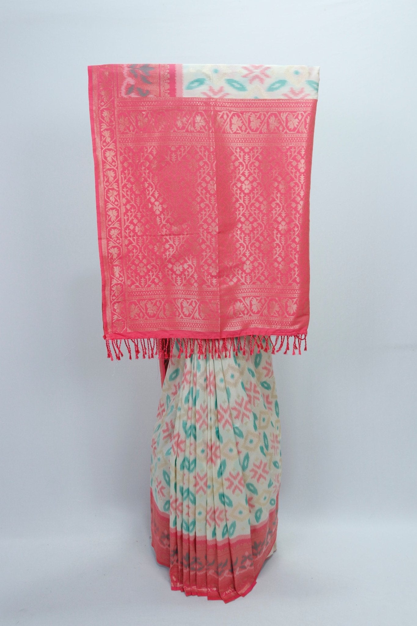 Cream Ikat Print Saree with Contrasting Pink Banarasi Woven Pallu and Border - Mangaldeep NX