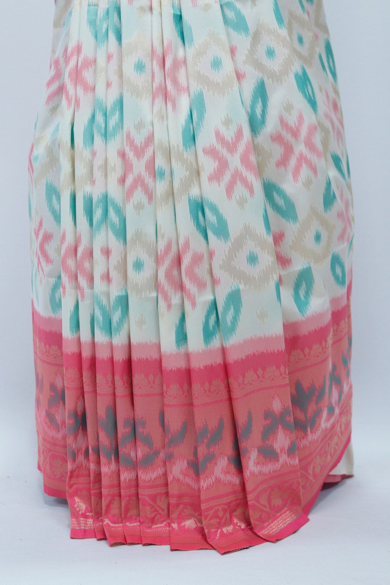 Cream Ikat Print Saree with Contrasting Pink Banarasi Woven Pallu and Border - Mangaldeep NX
