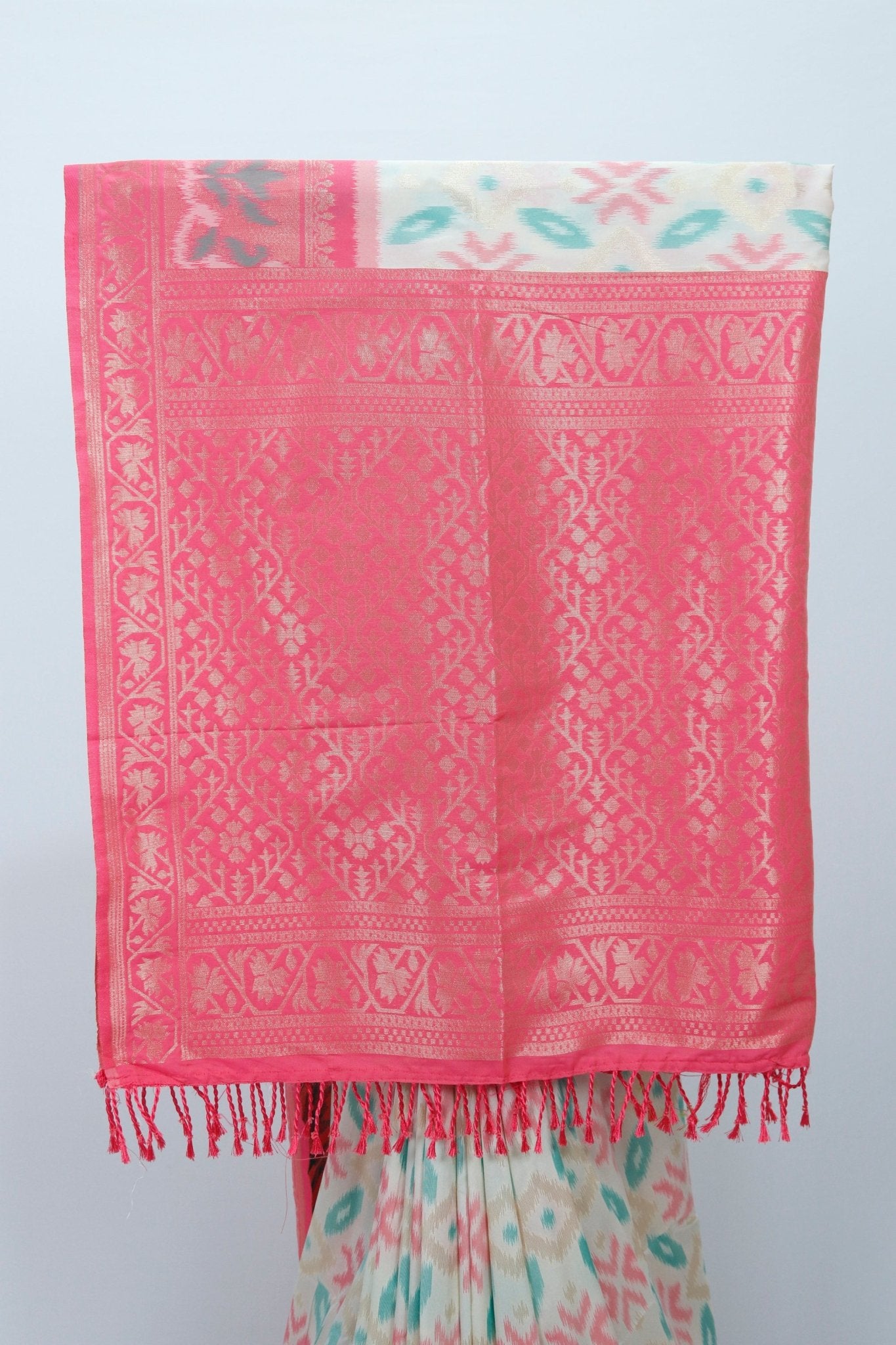 Cream Ikat Print Saree with Contrasting Pink Banarasi Woven Pallu and Border - Mangaldeep NX
