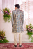 Cream Kurta Set with Multicolor Brocade Patterned Indo - Western Jacket for Men - Mangaldeep NX
