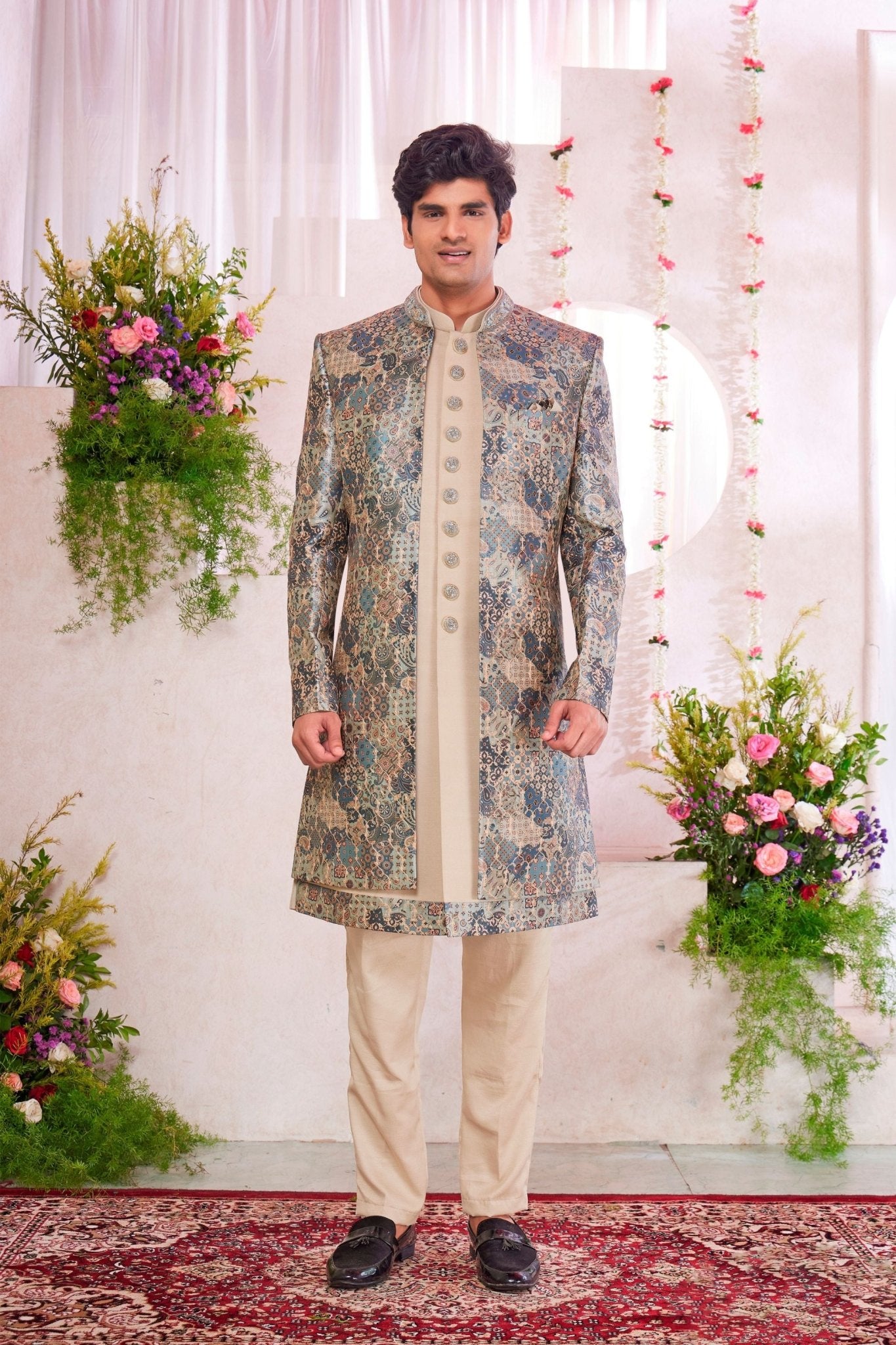 Cream Kurta Set with Multicolor Brocade Patterned Indo - Western Jacket for Men - Mangaldeep NX