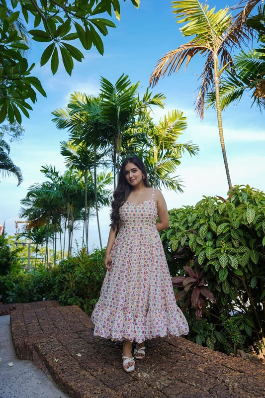 Cream Multicolor Printed Cotton Sleeveless Dress with Ruffled Hem - Mangaldeep NX