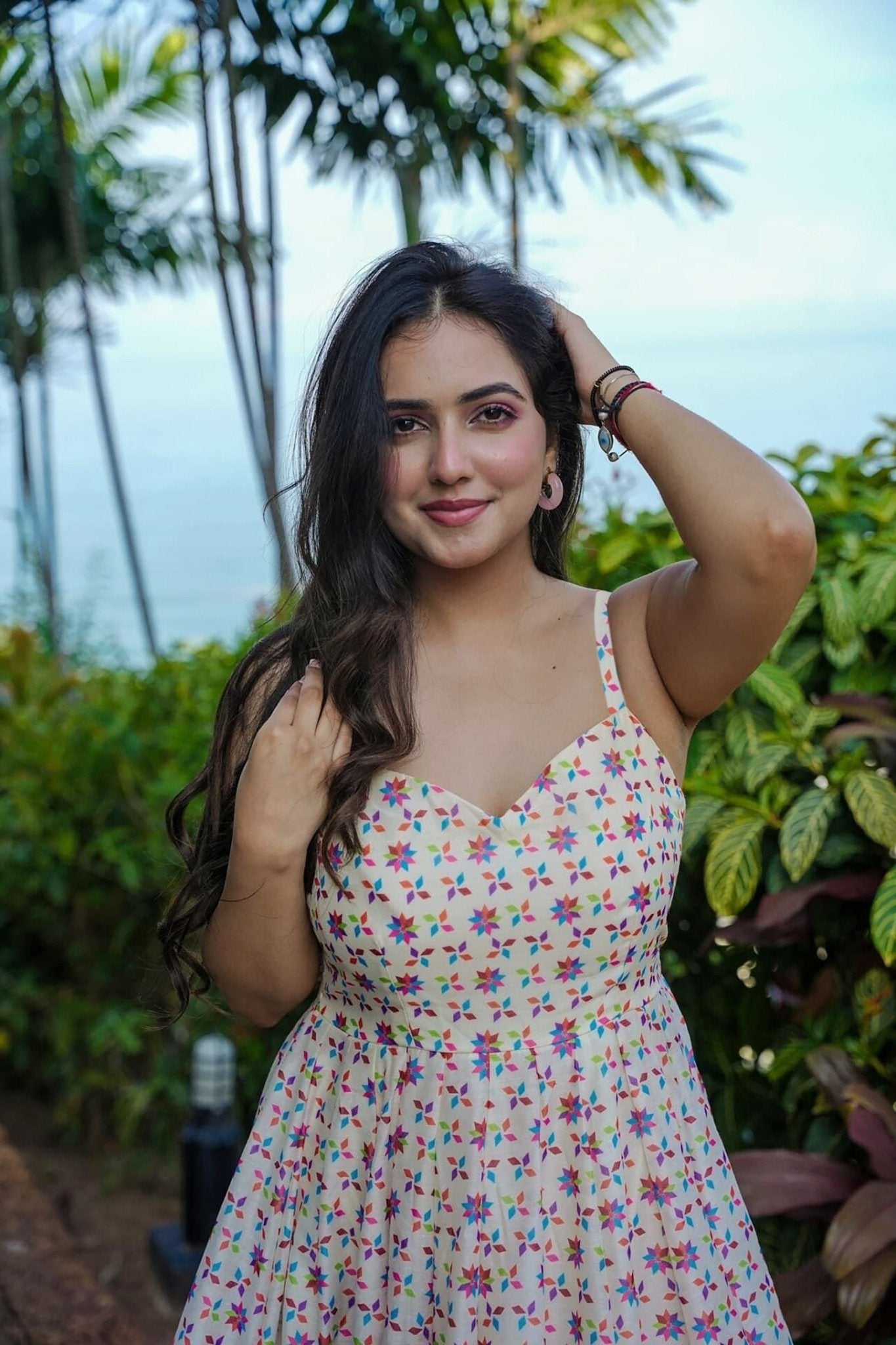 Cream Multicolor Printed Cotton Sleeveless Dress with Ruffled Hem - Mangaldeep NX