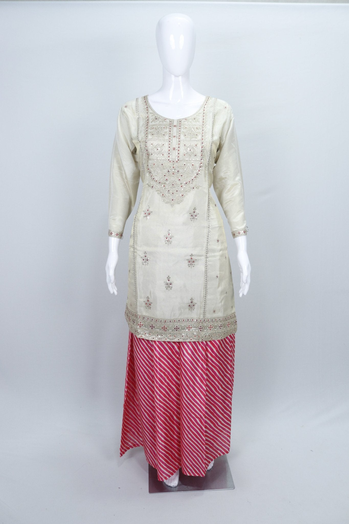 Cream Pink Embroidered Kurta with Striped Sharara and Dupatta Festive Ethnic Set for Women - Mangaldeep NX