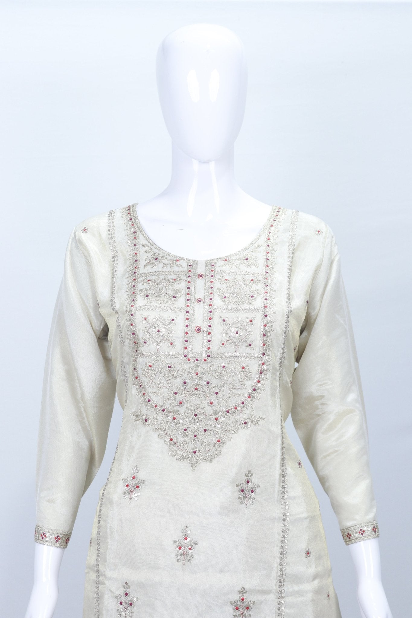 Cream Pink Embroidered Kurta with Striped Sharara and Dupatta Festive Ethnic Set for Women - Mangaldeep NX