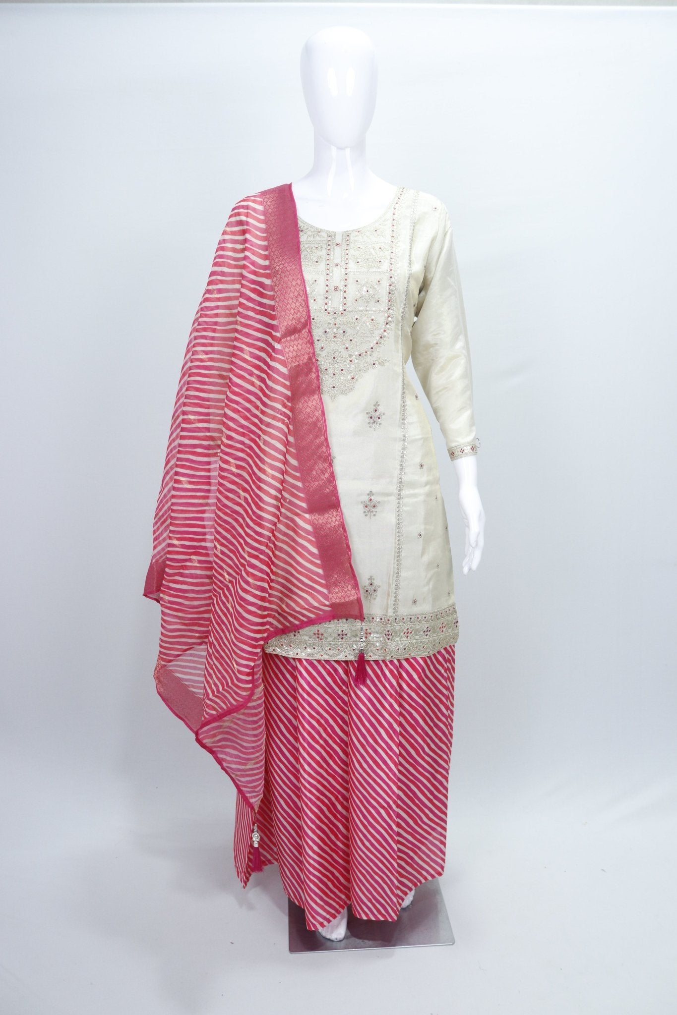 Cream Pink Embroidered Kurta with Striped Sharara and Dupatta Festive Ethnic Set for Women - Mangaldeep NX