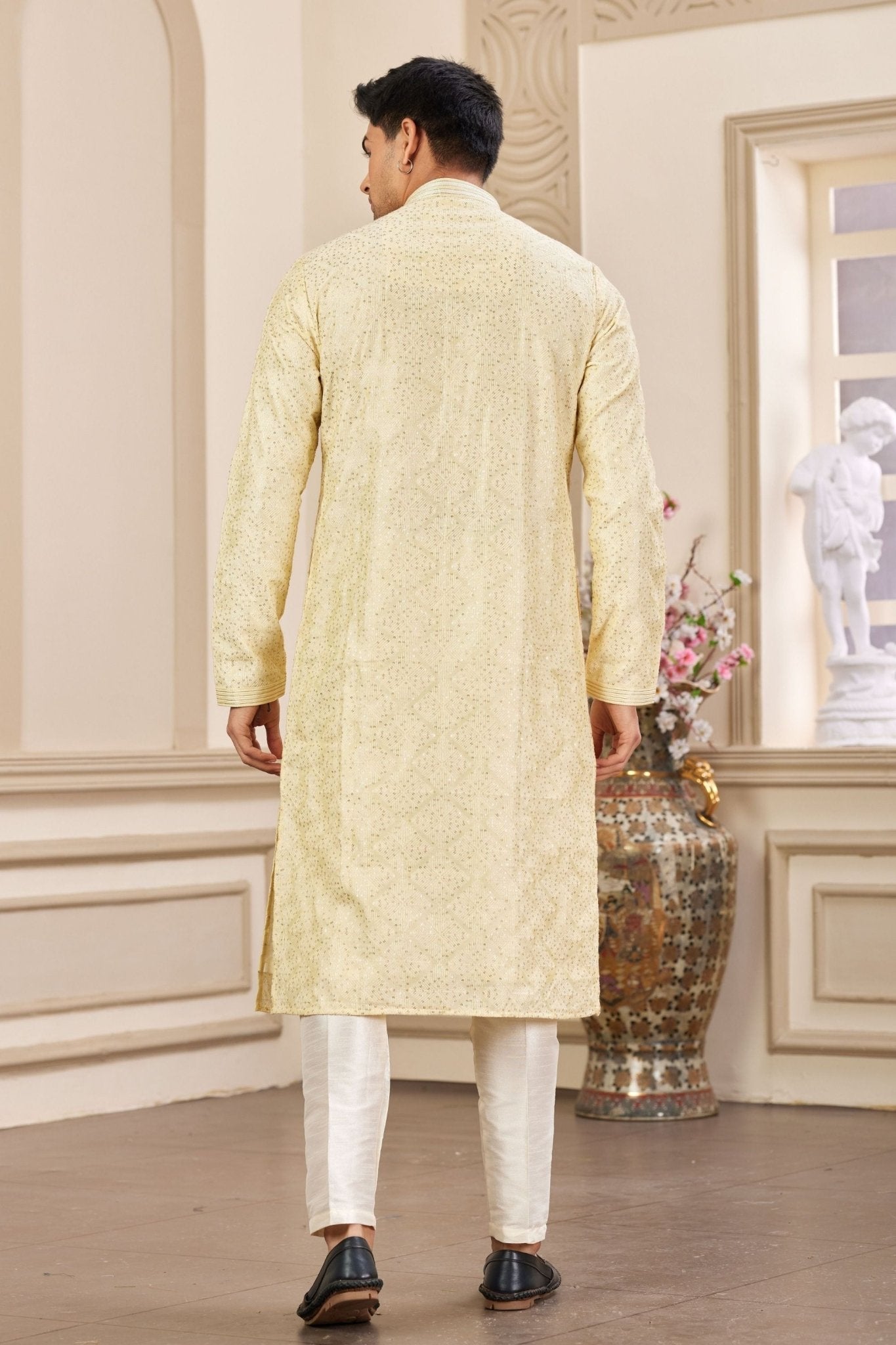 Cream Sequin Embroidered Kurta Pajama Set for Men - Mangaldeep NX