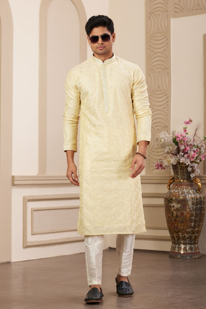 Cream Sequin Embroidered Kurta Pajama Set for Men - Mangaldeep NX