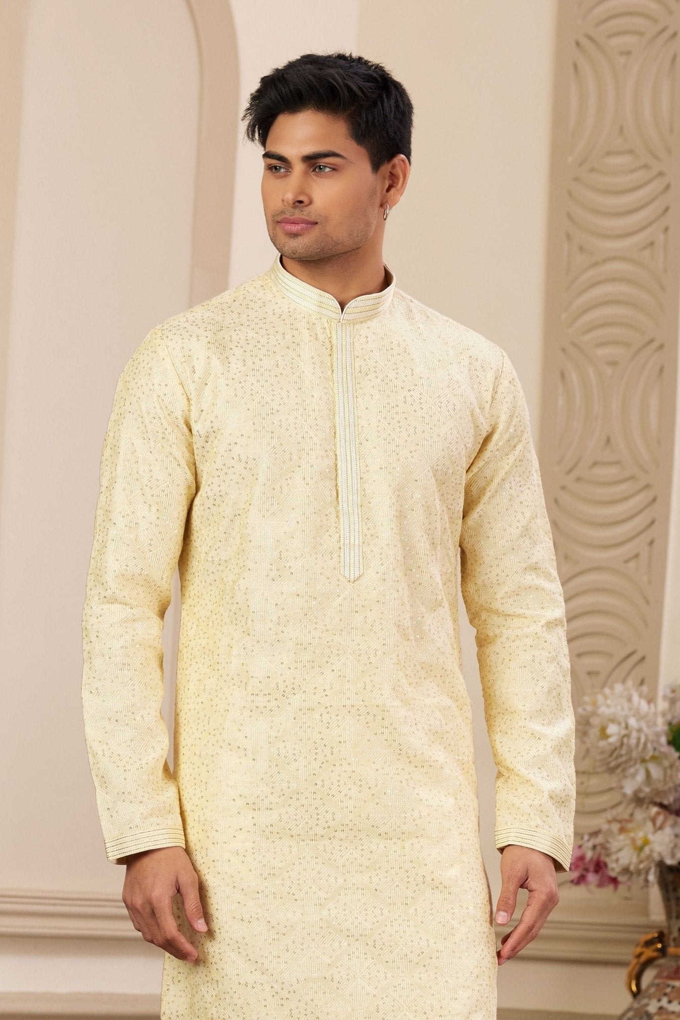 Cream Sequin Embroidered Kurta Pajama Set for Men - Mangaldeep NX