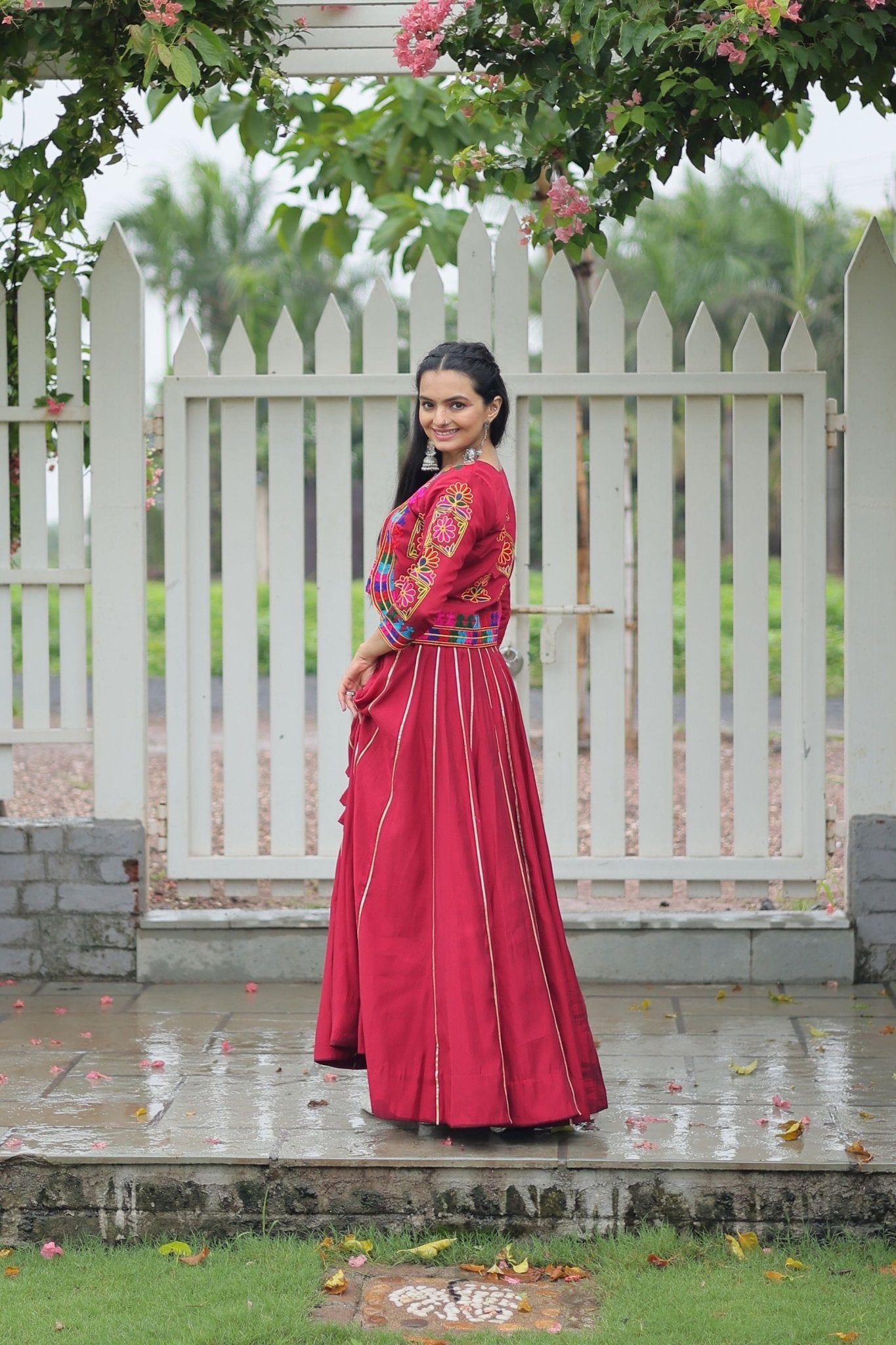 Crimson Red Mirror Work Embroidered Crop Top Lehenga Set with Gota Detailing - Mangaldeep NX
