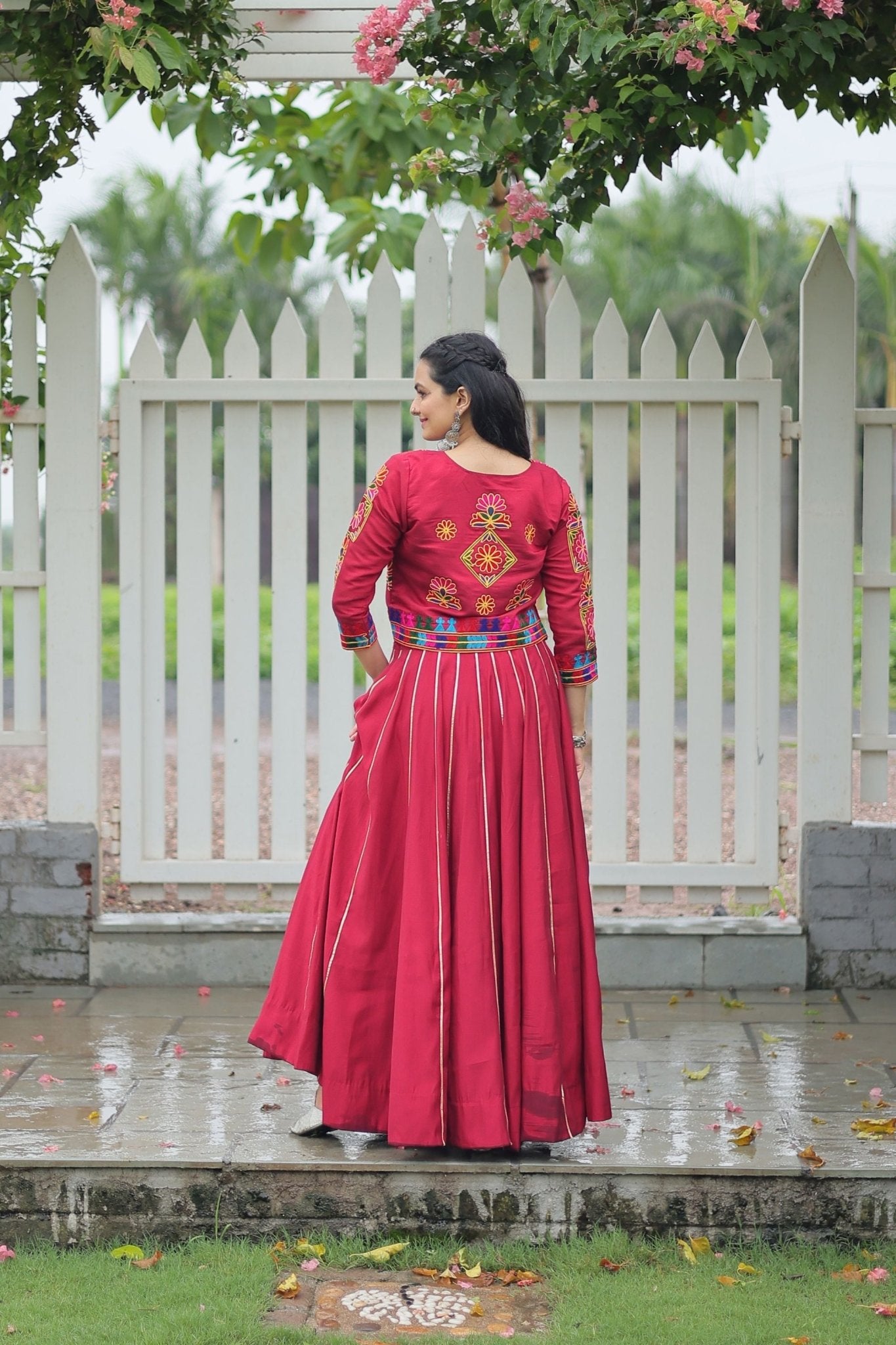 Crimson Red Mirror Work Embroidered Crop Top Lehenga Set with Gota Detailing - Mangaldeep NX