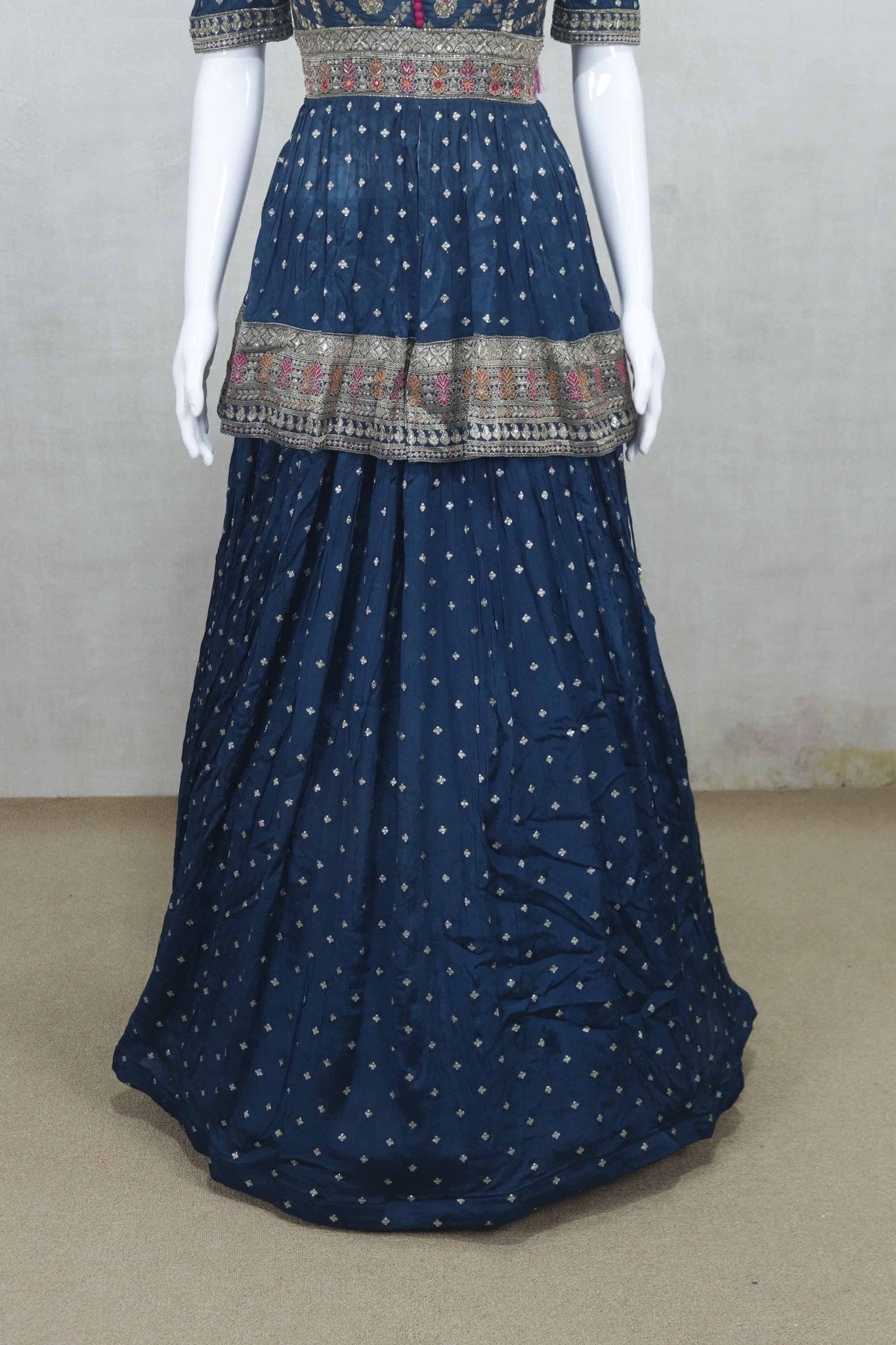 Dark Blue Mirror Work Crop Top Style Lehenga Set with Embroidered Dupatta - Mangaldeep NX