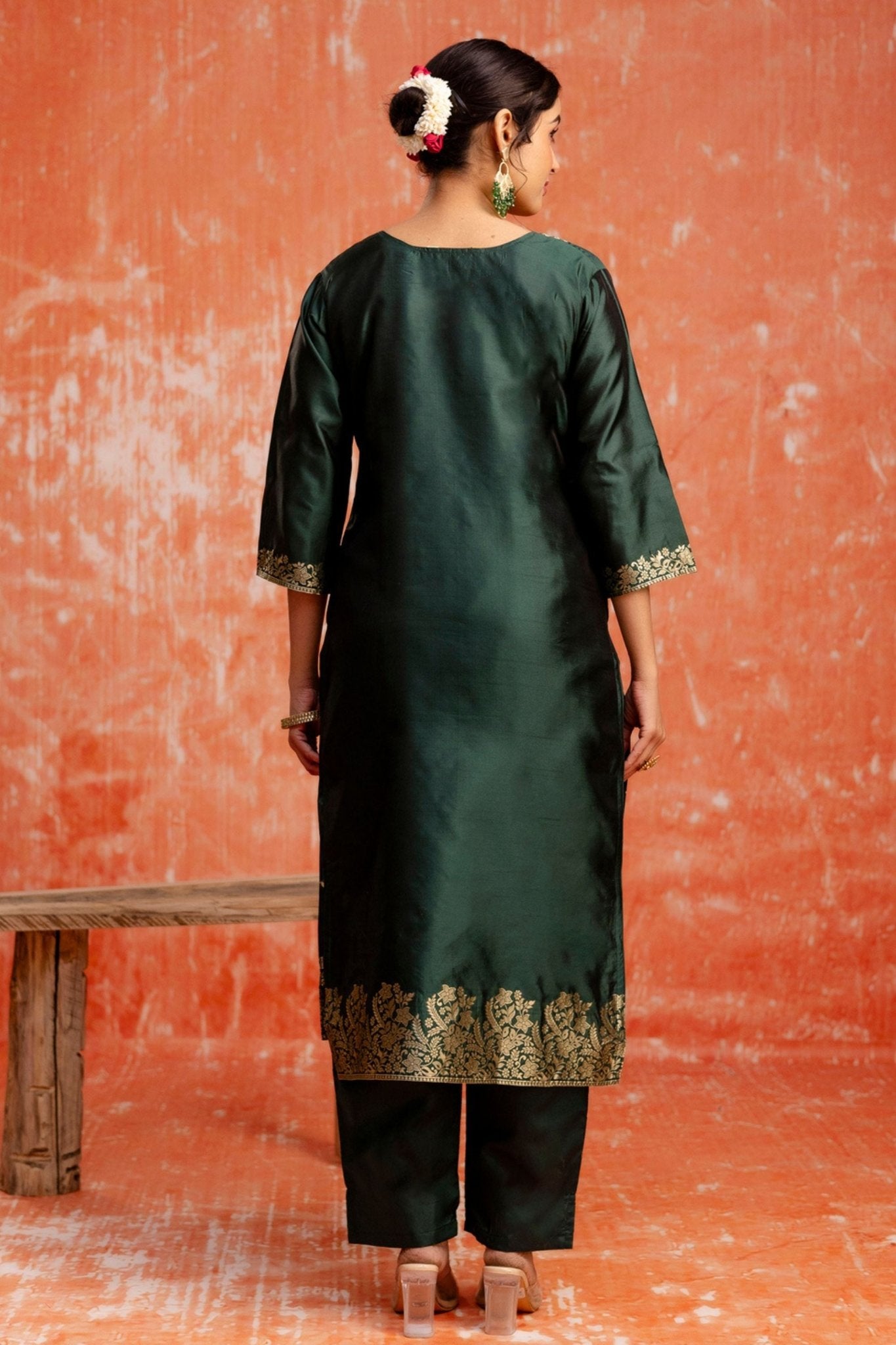 Dark Green Cotton Blend Straight Suit Set with Zari Embroidery and Dupatta - Mangaldeep NX