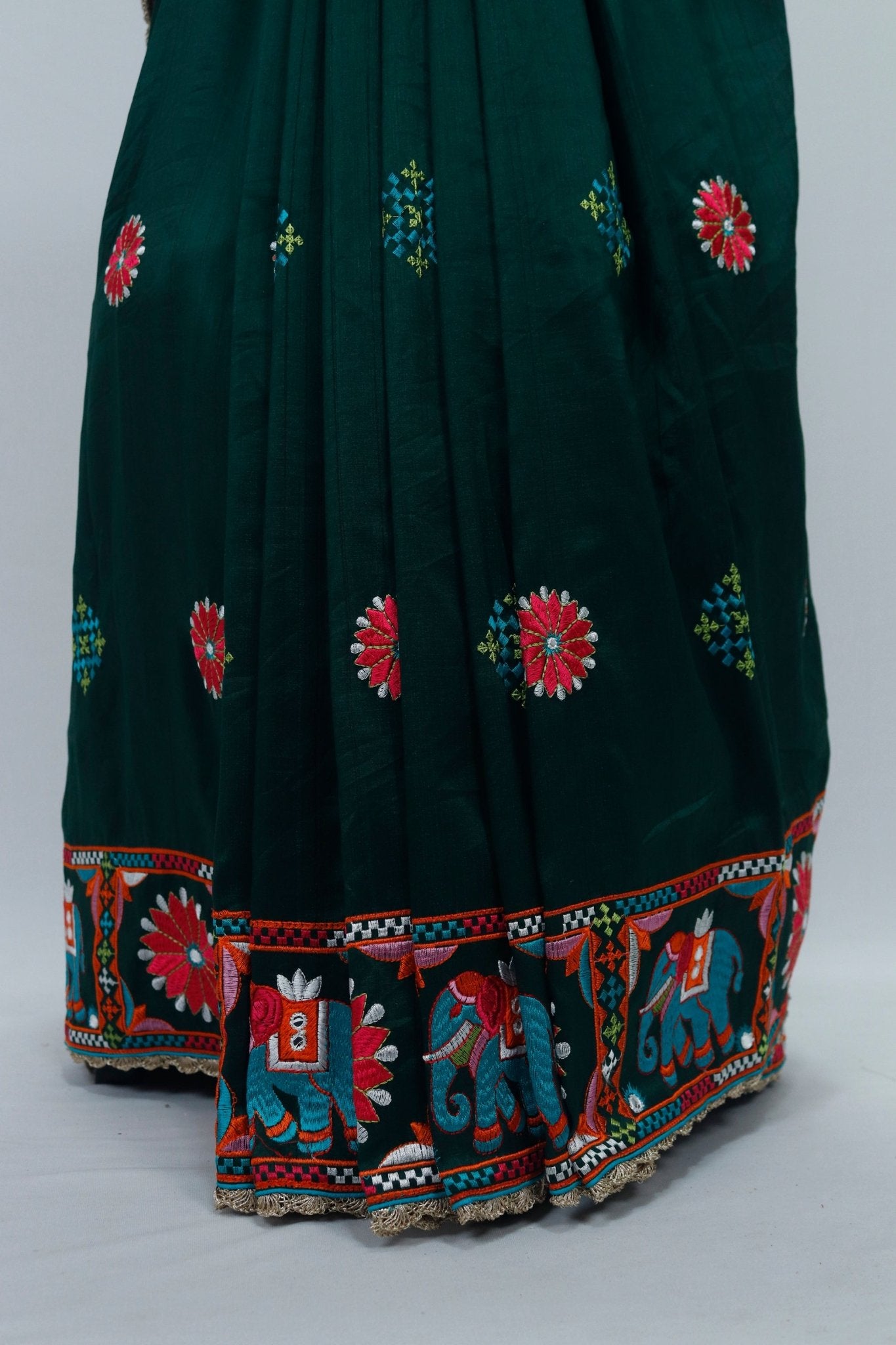 Dark Green Gujarati Mirror Work Embroidered Saree with Elephant Motif and Tassel Border - Mangaldeep NX