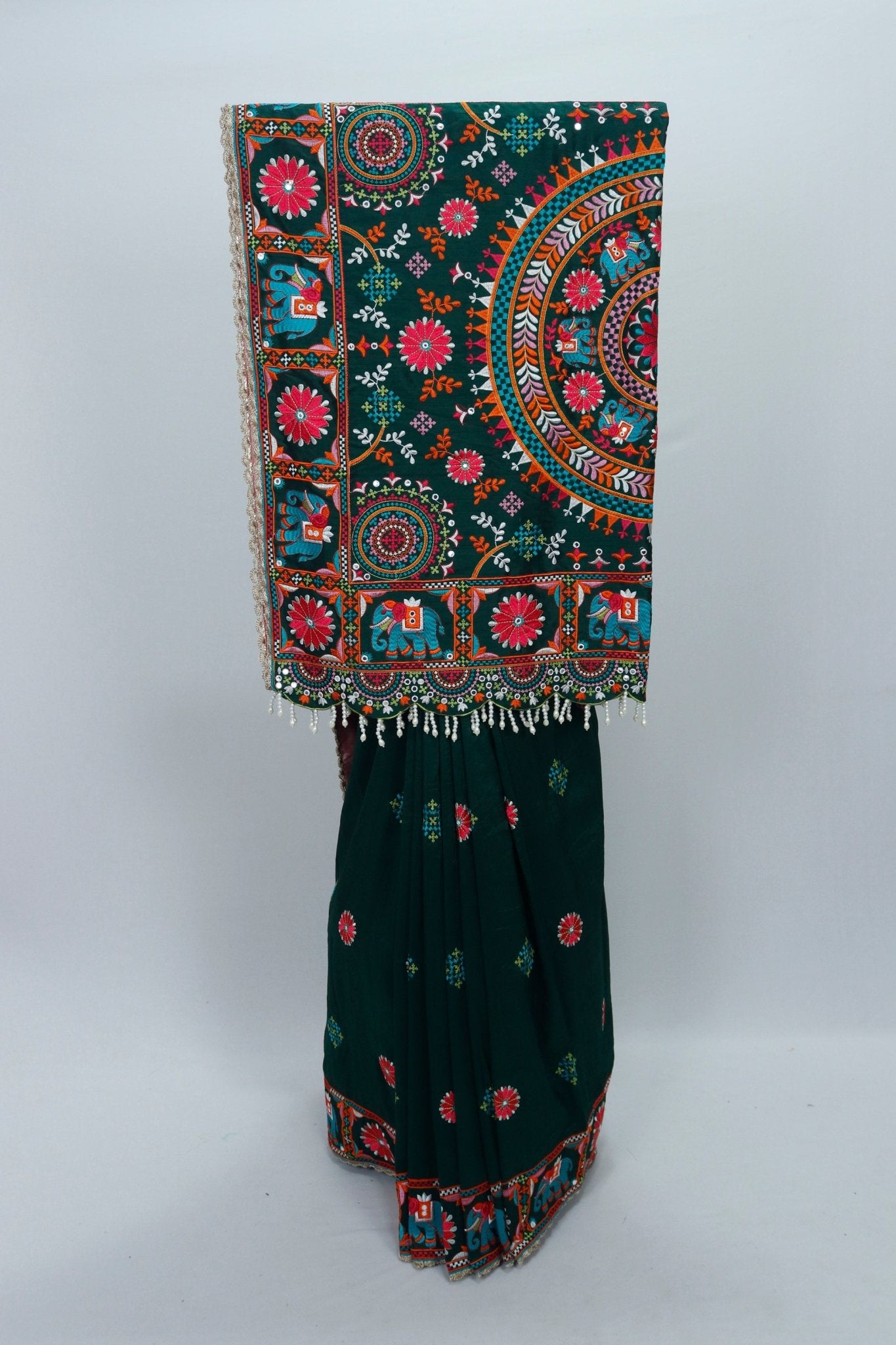 Dark Green Gujarati Mirror Work Embroidered Saree with Elephant Motif and Tassel Border - Mangaldeep NX