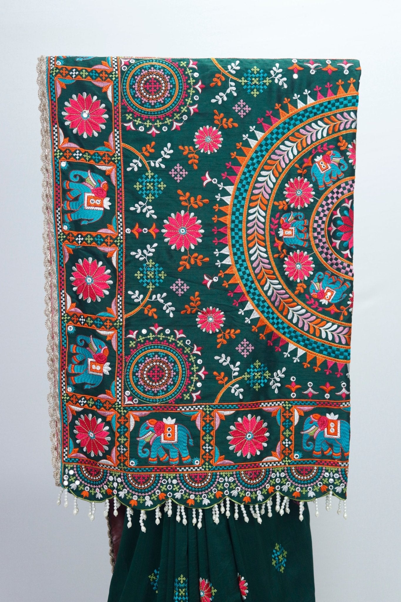 Dark Green Gujarati Mirror Work Embroidered Saree with Elephant Motif and Tassel Border - Mangaldeep NX