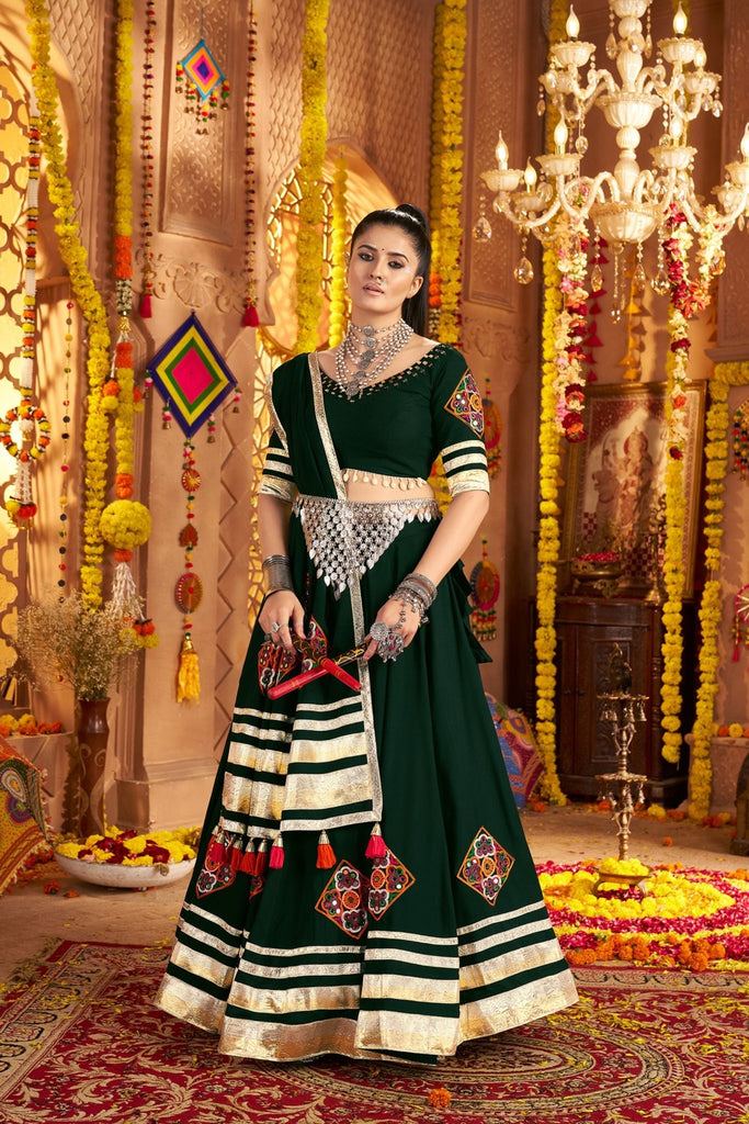 Dark Green Mirror Embroidered Navratri Lehenga Choli Set with Golden Striped Border - Mangaldeep NX