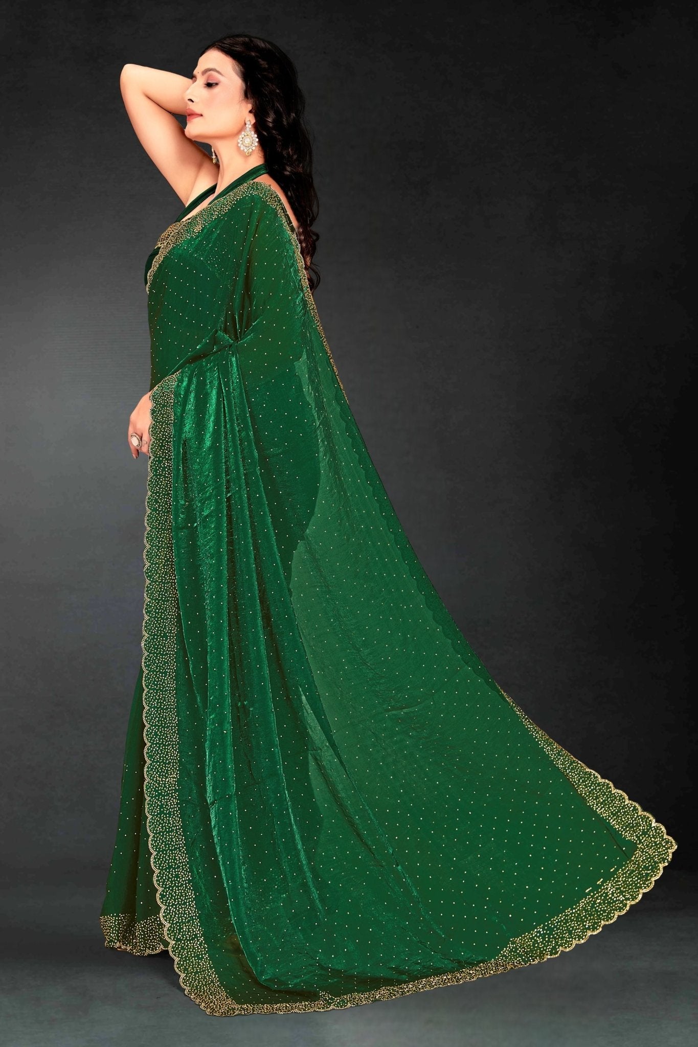 Dark Green Sequin Embellished Party Wear Fandy Silk Saree with Golden Scallop Border - Mangaldeep NX