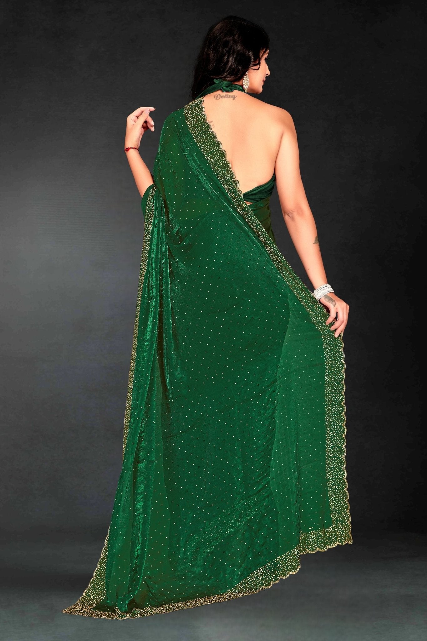 Dark Green Sequin Embellished Party Wear Fandy Silk Saree with Golden Scallop Border - Mangaldeep NX