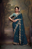 Dark Sea Blue Embroidered Silk Saree with Floral Sequin Border and Light Blue Blouse - Mangaldeep NX