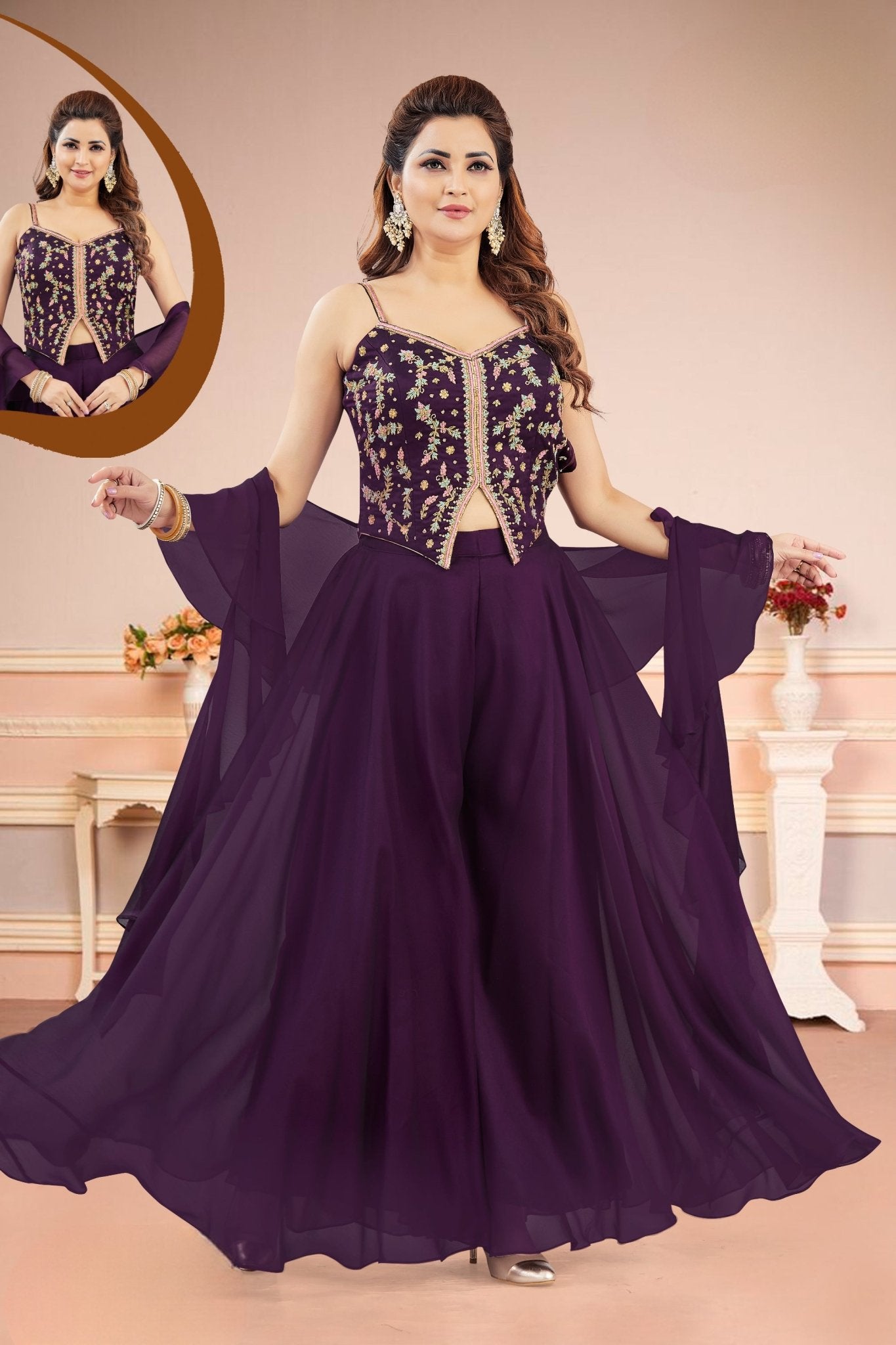 Dashing Purple Embroidered Crop Top Palazzo Suit - Mangaldeep NX