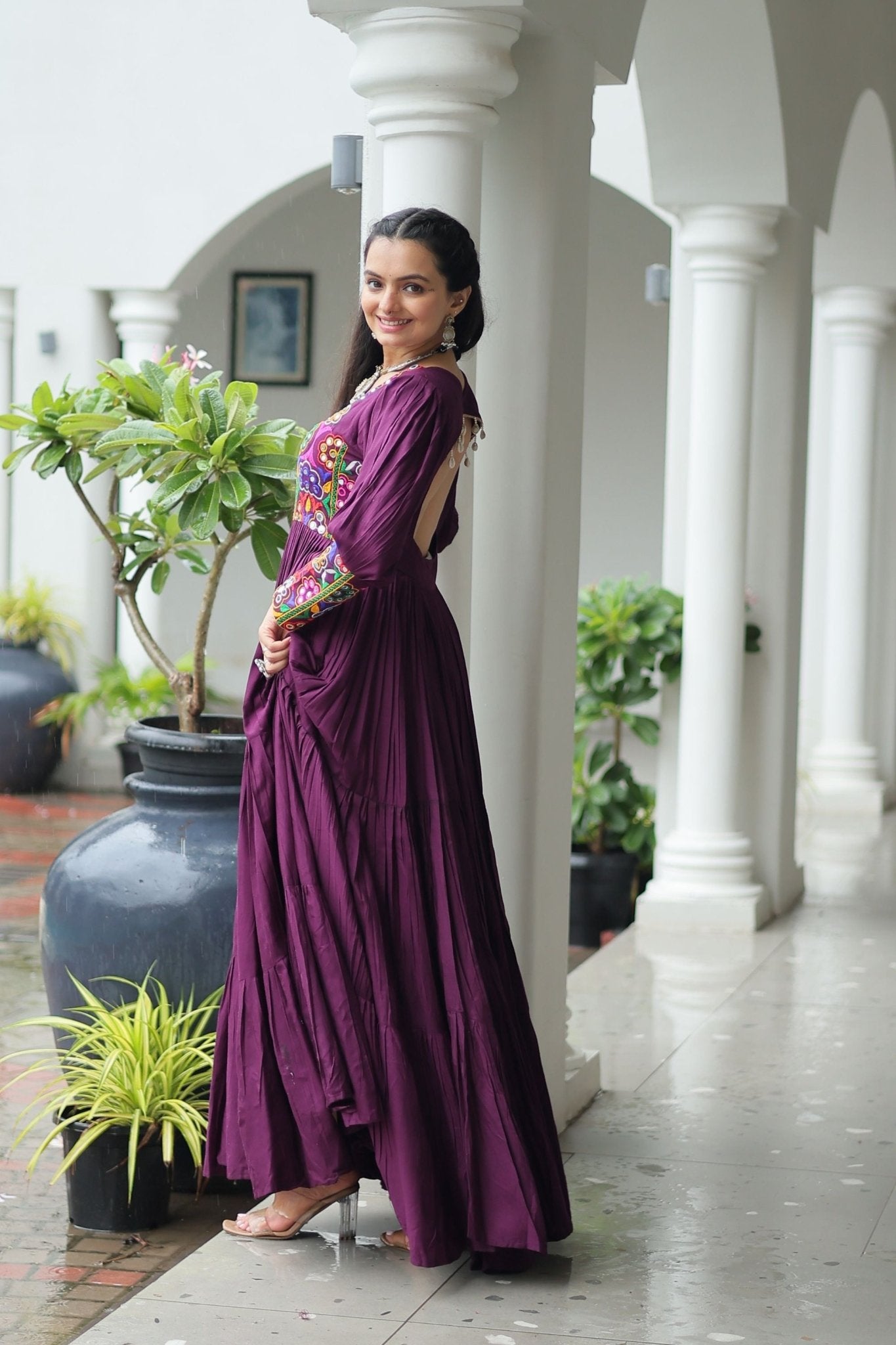 Deep Purple Flared Mirror Work Gown with Multicolor Embroidered Yoke and Sleeves - Mangaldeep NX