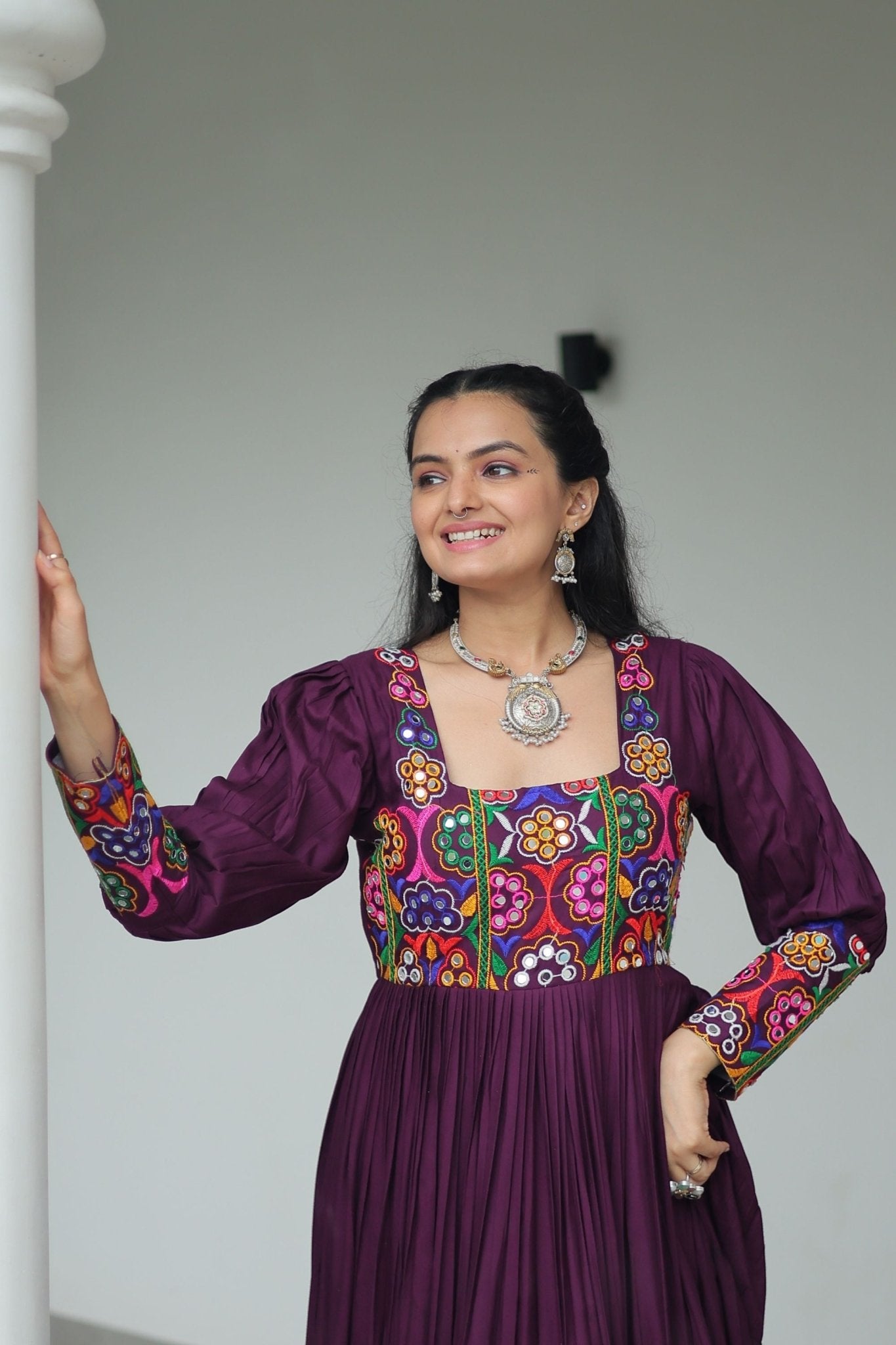 Deep Purple Flared Mirror Work Gown with Multicolor Embroidered Yoke and Sleeves - Mangaldeep NX