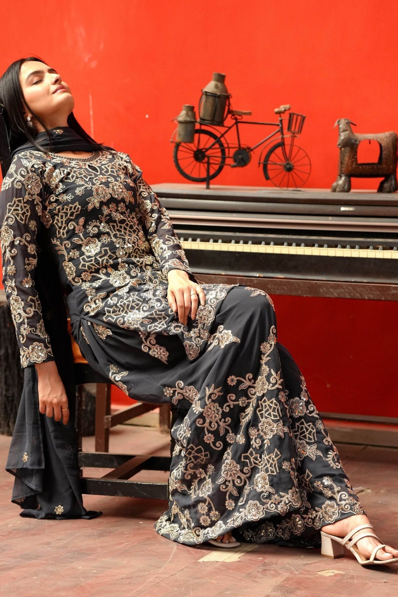Designer Black and Gold Embroidered Sharara Suit for Women - Mangaldeep NX