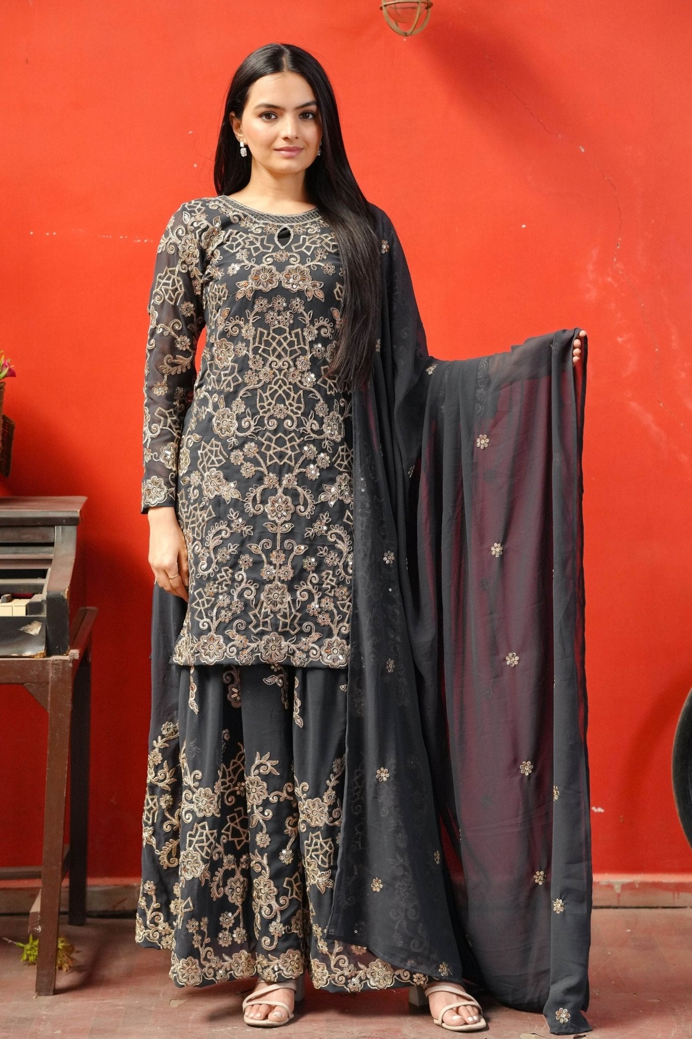 Designer Black and Gold Embroidered Sharara Suit for Women - Mangaldeep NX