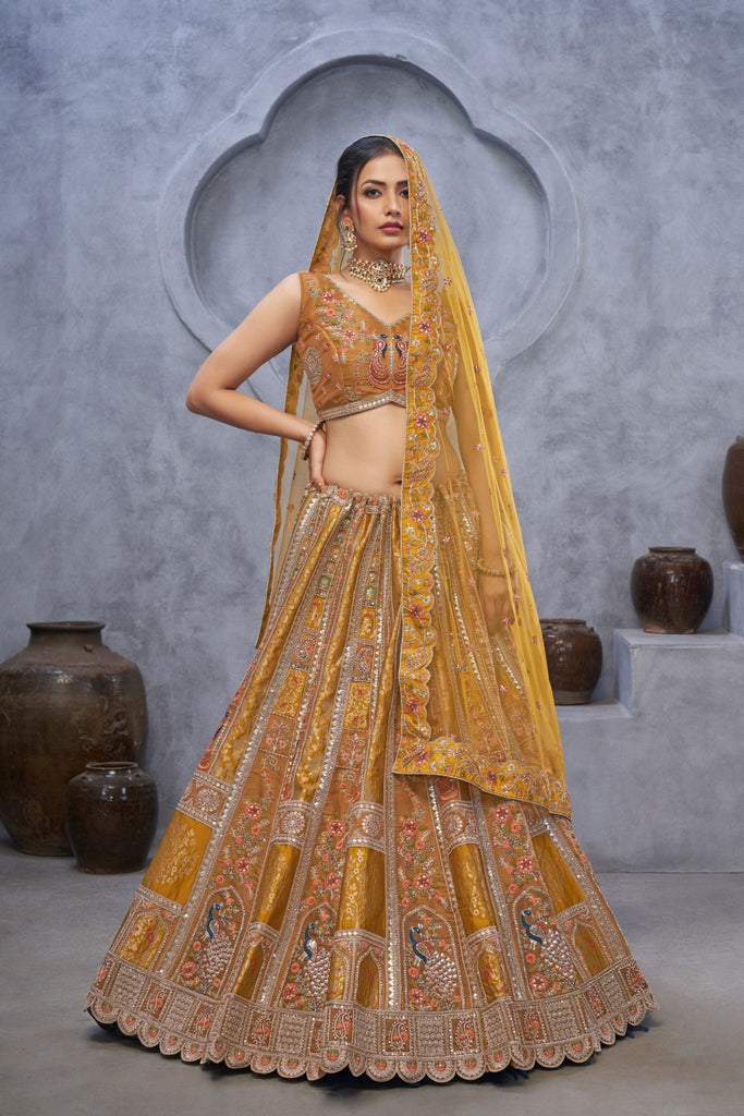 Designer Mustard Yellow Embroidered A - Line Lehenga Choli with Heavy Handwork - Mangaldeep NX