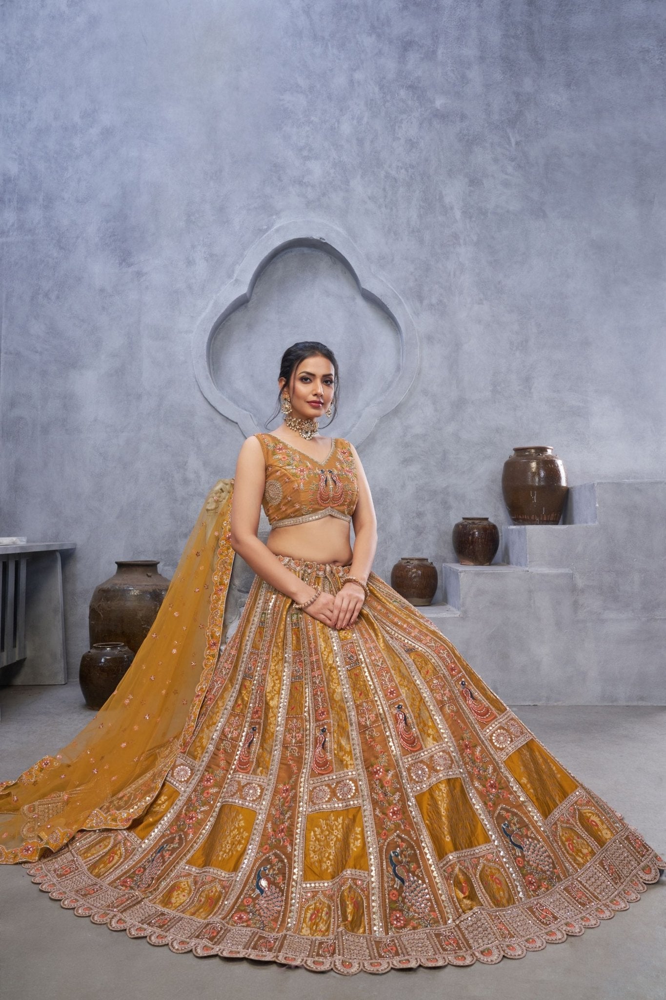 Designer Mustard Yellow Embroidered A - Line Lehenga Choli with Heavy Handwork - Mangaldeep NX