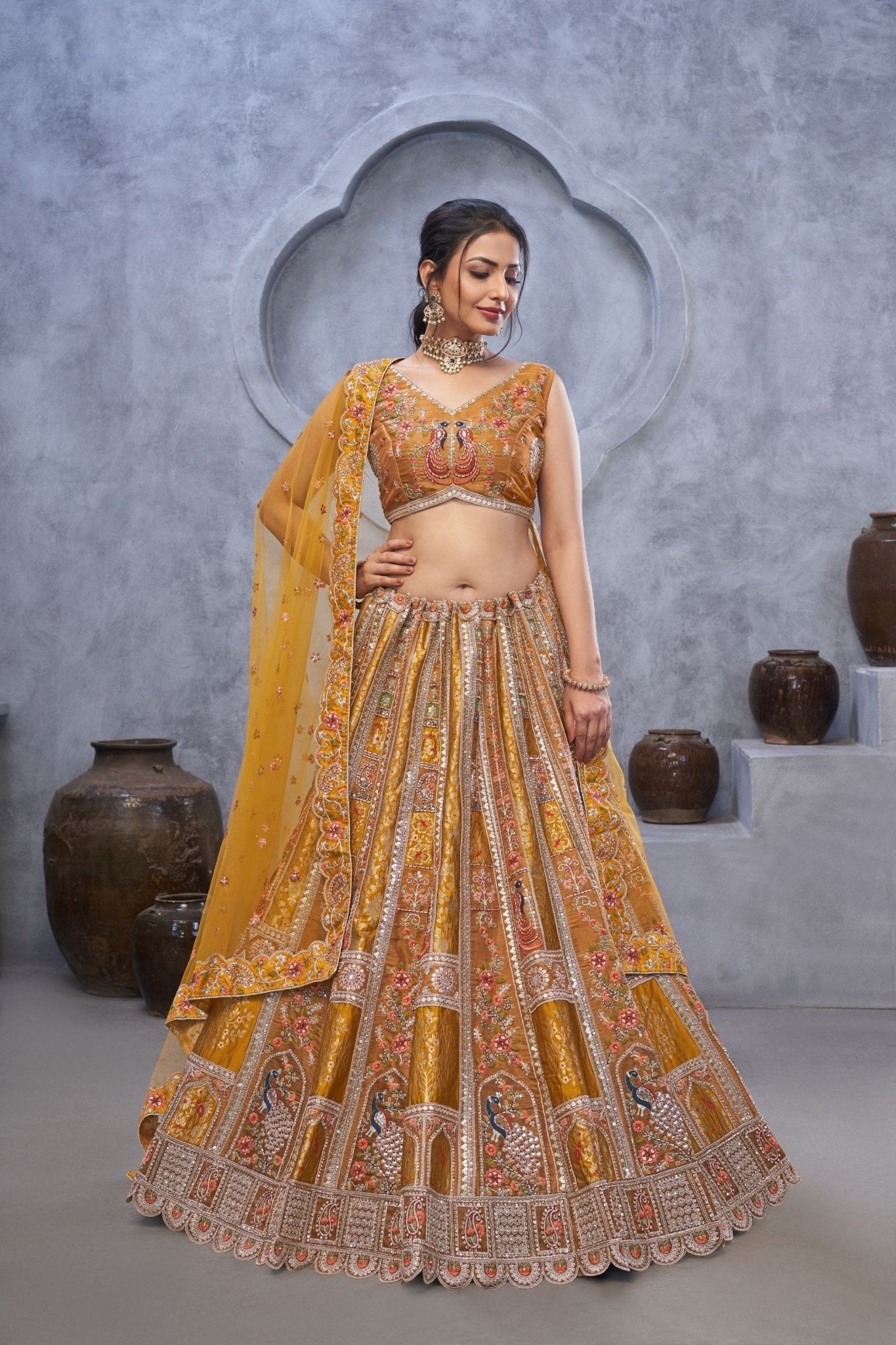 Designer Mustard Yellow Embroidered A - Line Lehenga Choli with Heavy Handwork - Mangaldeep NX