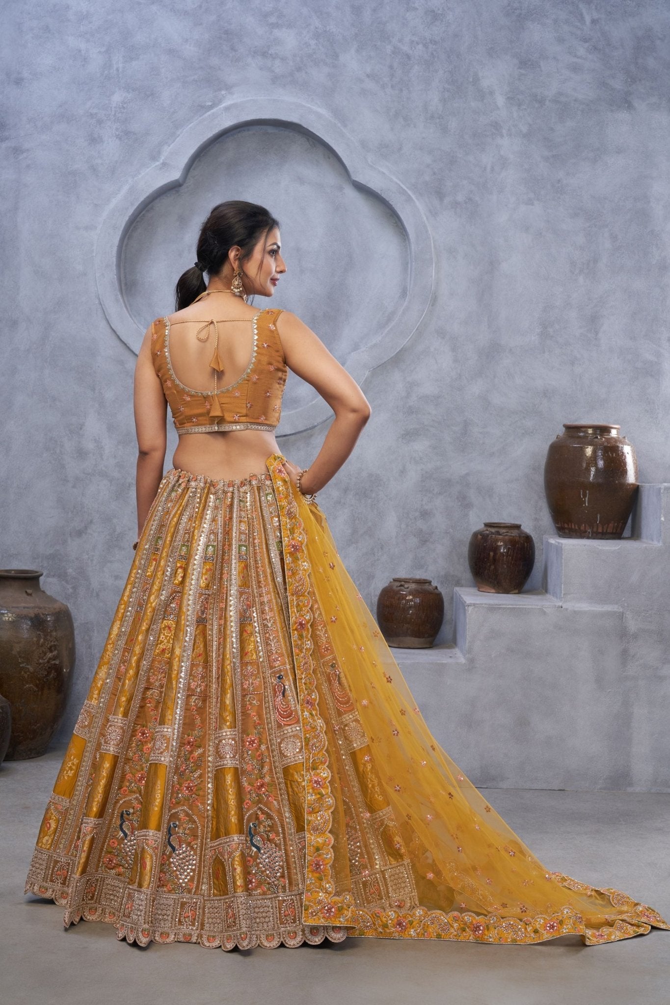 Designer Mustard Yellow Embroidered A - Line Lehenga Choli with Heavy Handwork - Mangaldeep NX