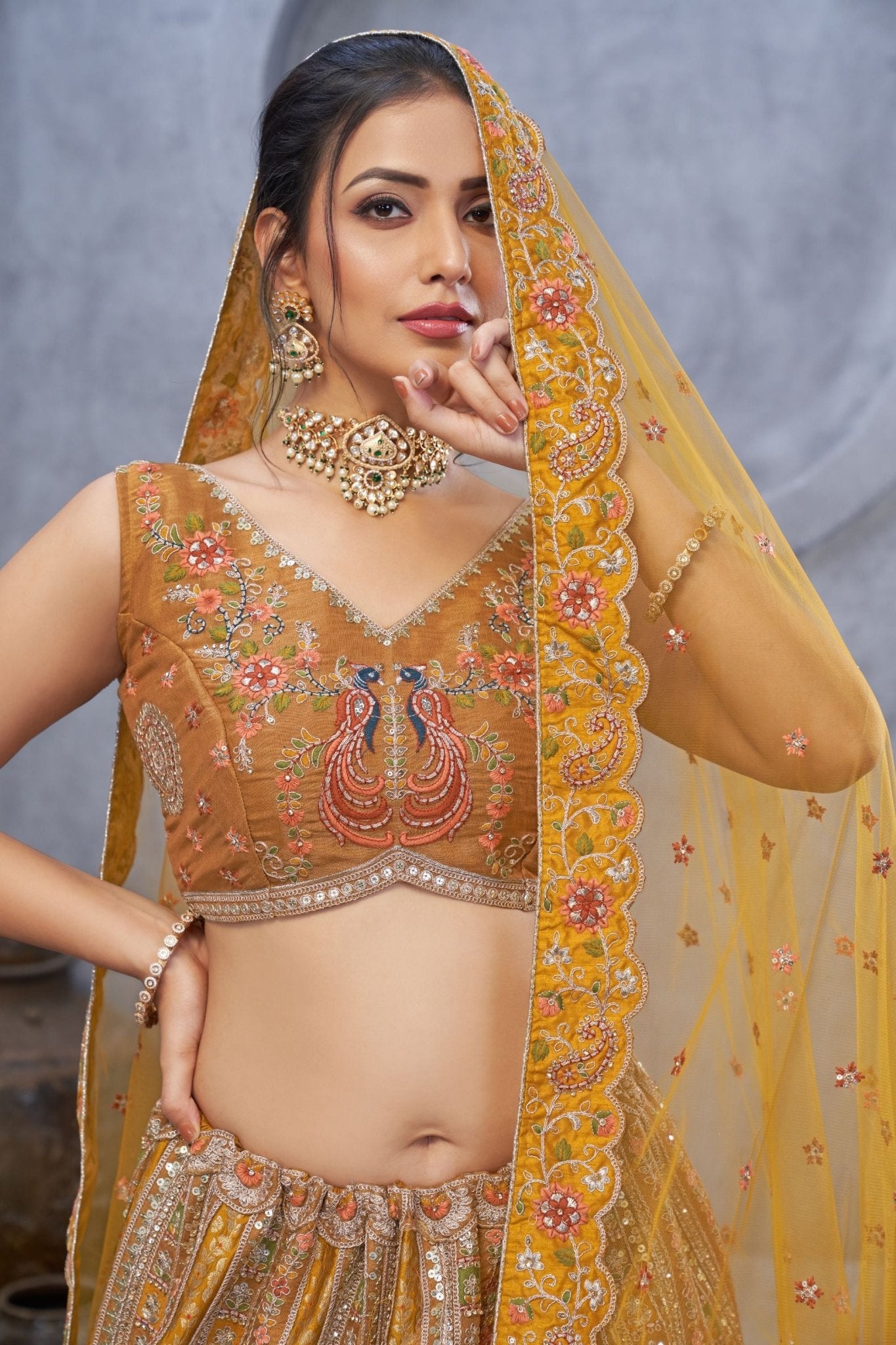 Designer Mustard Yellow Embroidered A - Line Lehenga Choli with Heavy Handwork - Mangaldeep NX