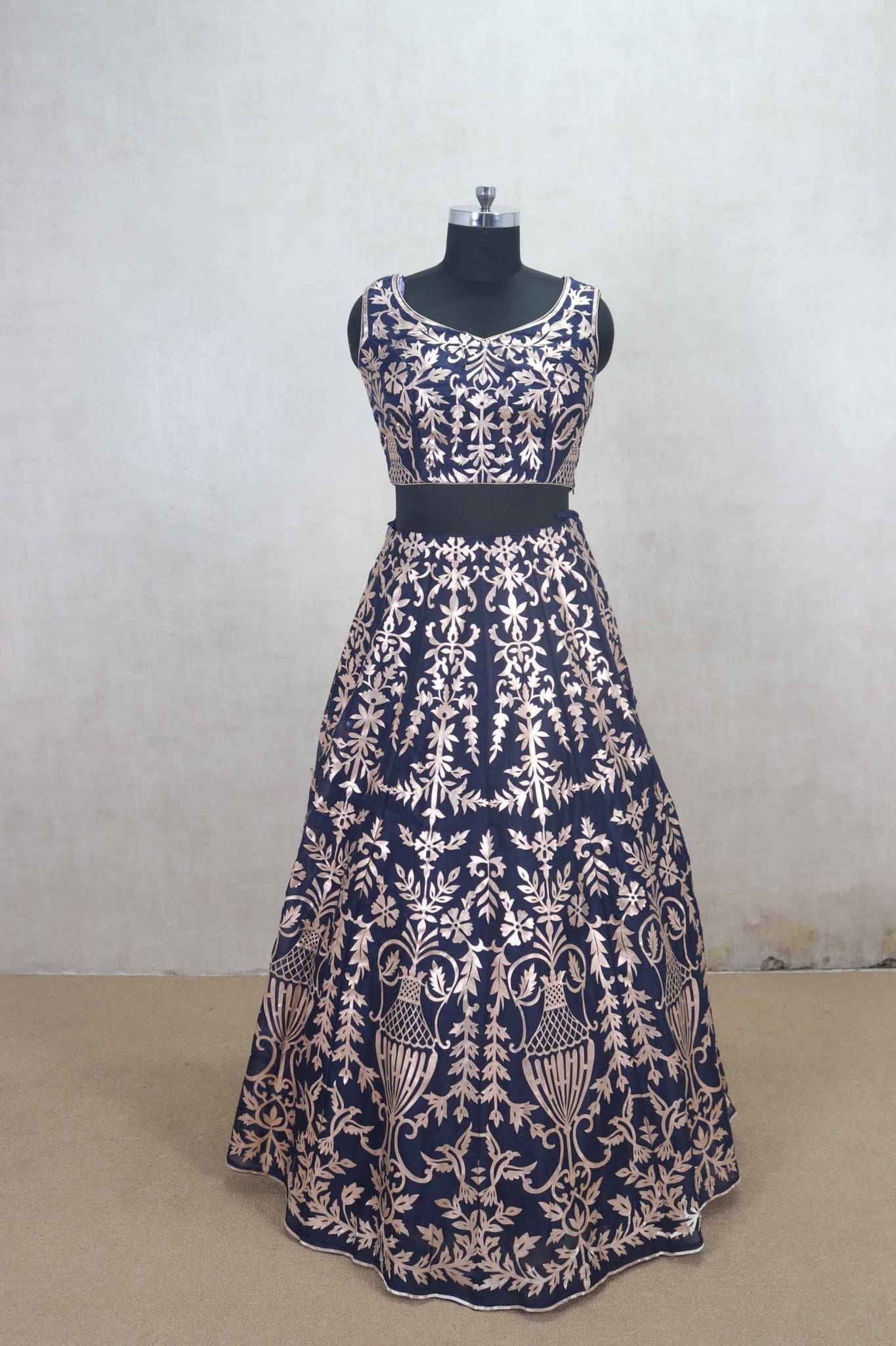 Designer Navy Blue Embroidered Silk Lehenga Choli with Dupatta - Mangaldeep NX