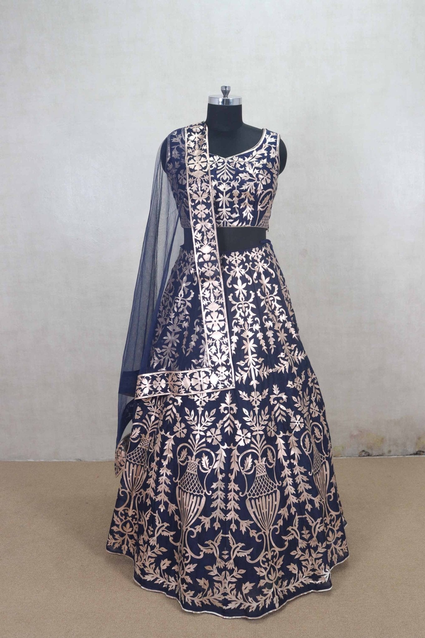 Designer Navy Blue Embroidered Silk Lehenga Choli with Dupatta - Mangaldeep NX