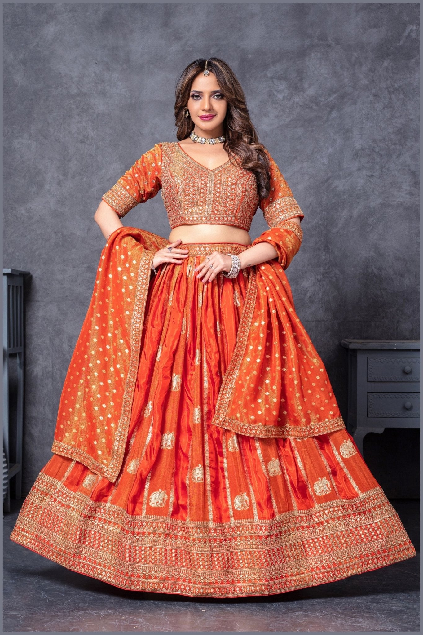 Designer Orange Banarasi Silk Lehenga Choli Set with Dupatta - Mangaldeep NX