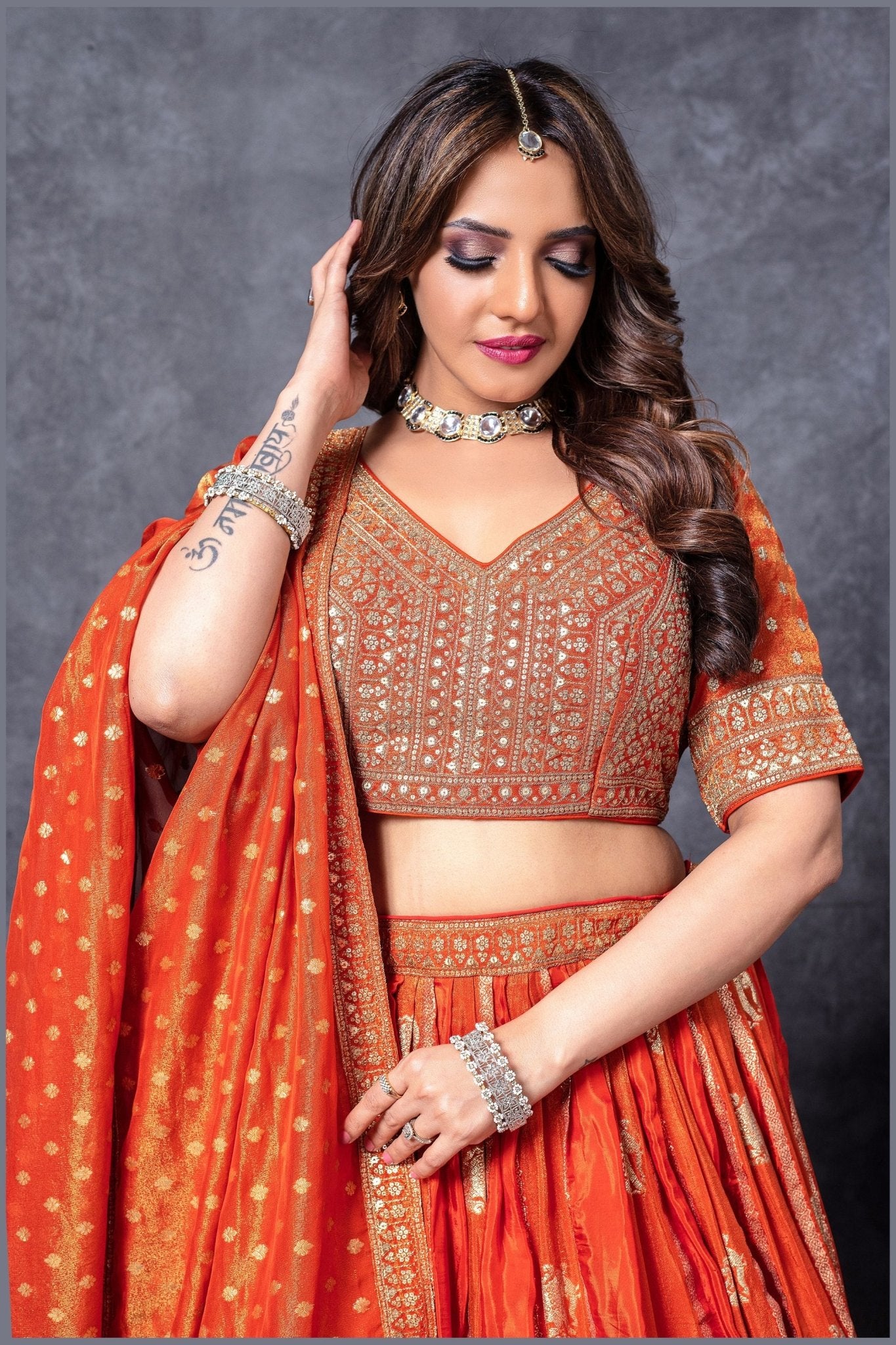 Designer Orange Banarasi Silk Lehenga Choli Set with Dupatta - Mangaldeep NX