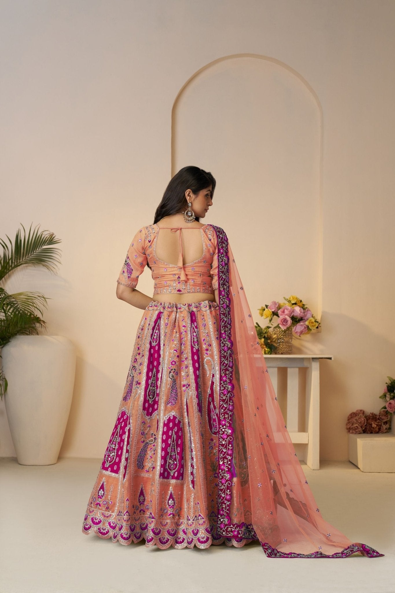 Designer Orange & Pink Festive Lehenga Set with Zari Work - Mangaldeep NX