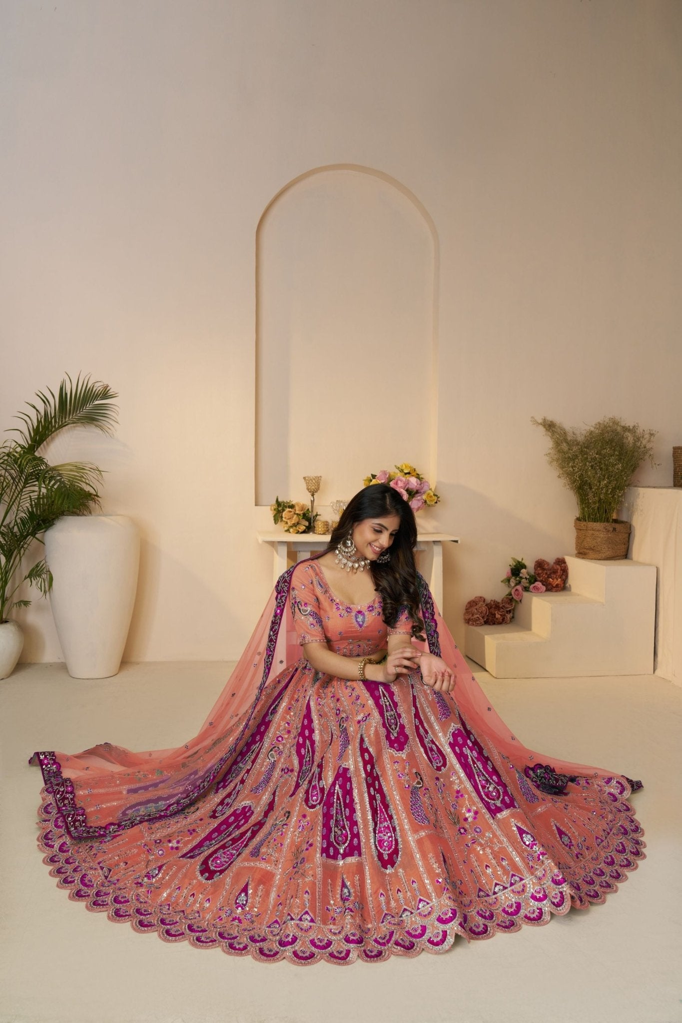 Designer Orange & Pink Festive Lehenga Set with Zari Work - Mangaldeep NX
