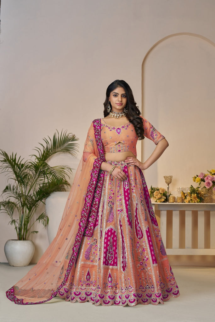 Designer Orange & Pink Festive Lehenga Set with Zari Work - Mangaldeep NX