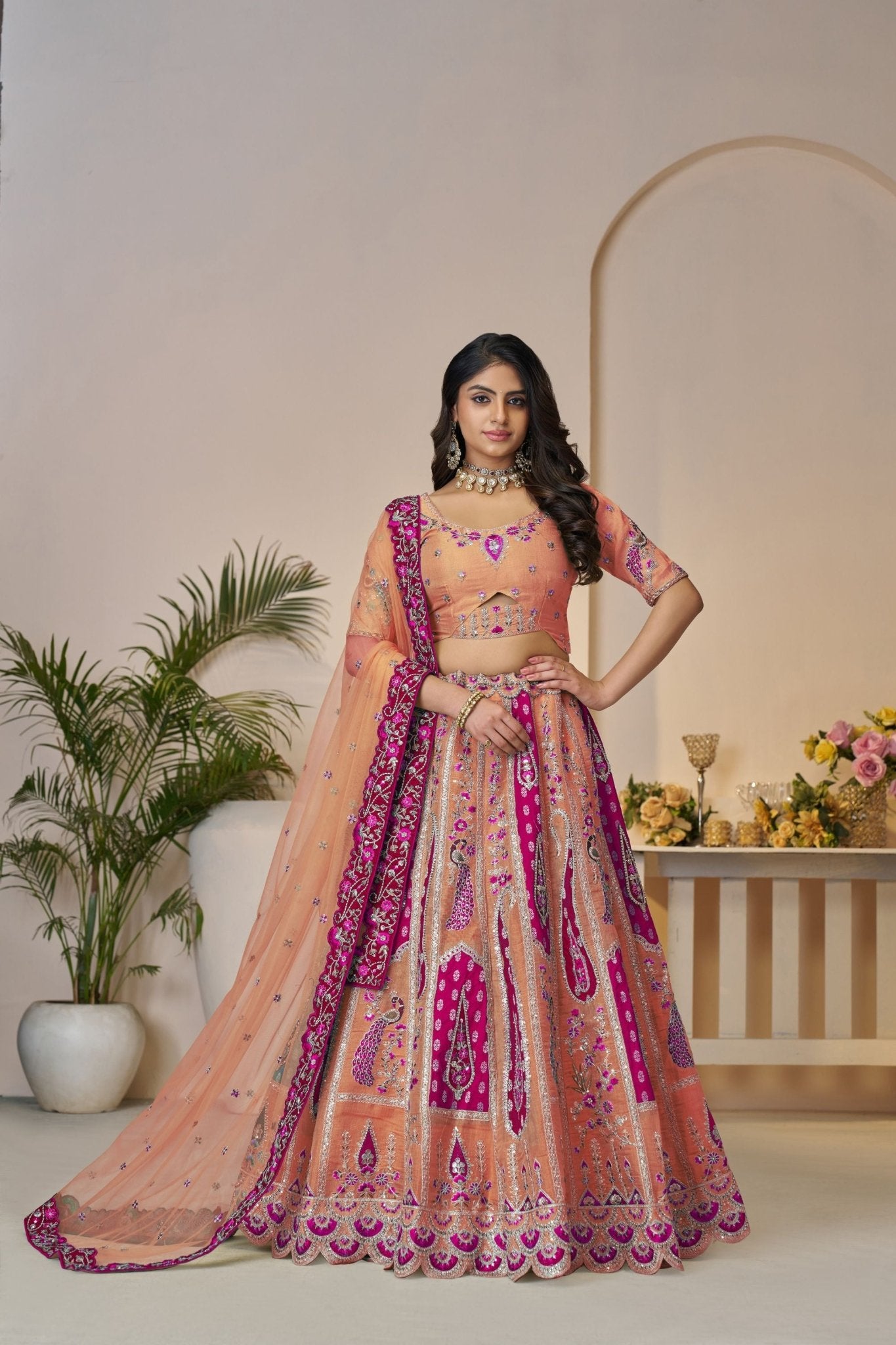 Designer Orange & Pink Festive Lehenga Set with Zari Work - Mangaldeep NX