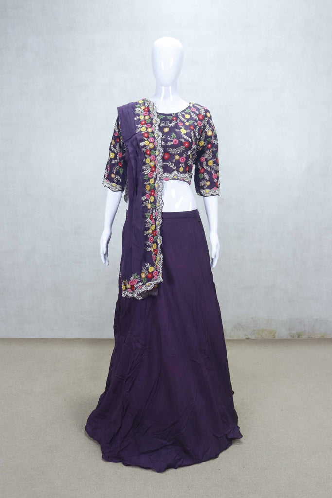 Designer Purple Embroidered Lehenga Choli Set with Floral Dupatta - Mangaldeep NX