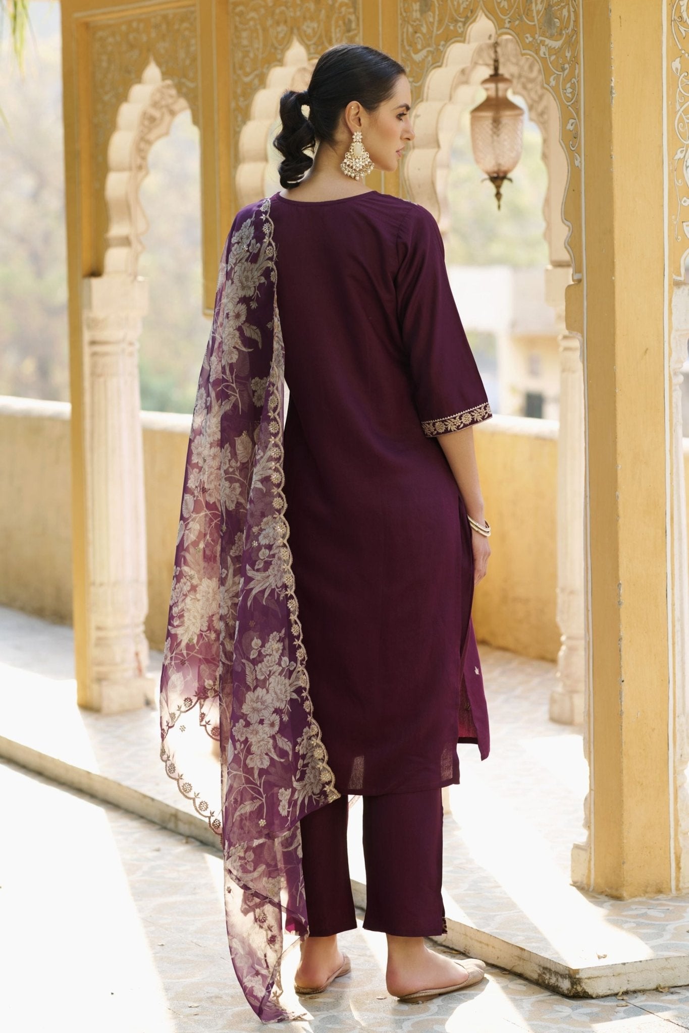 Designer Purple Embroidered Salwar Suit with Floral Organza Dupatta - Mangaldeep NX