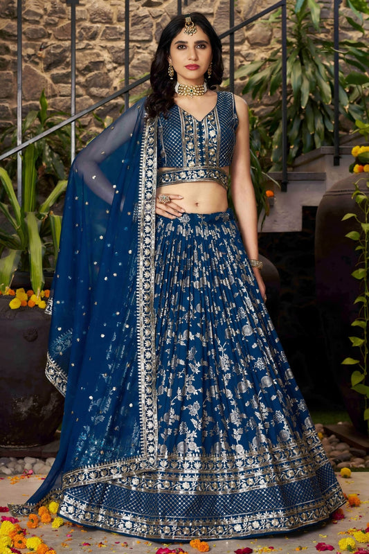 Dove Blue Embroidered Silk Lehenga Choli with Sequin Work and Net Dupatta - Mangaldeep NX