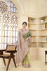 Dusty Beige and Olive Green Floral Printed Linen Silk Saree with Zari Accents - Mangaldeep NX