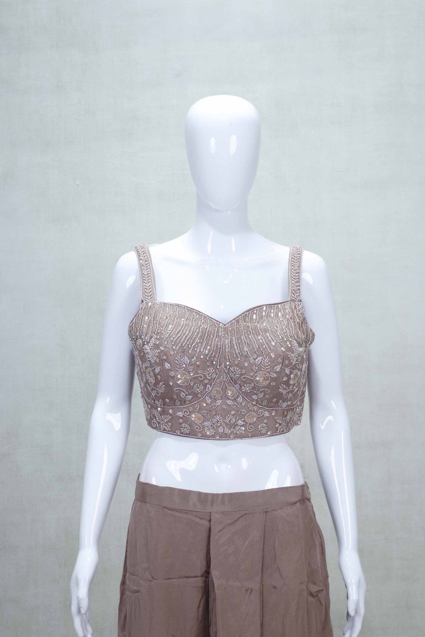Dusty Brown Embellished Crop Top with Cape and Flared Palazzo Pants - Mangaldeep NX