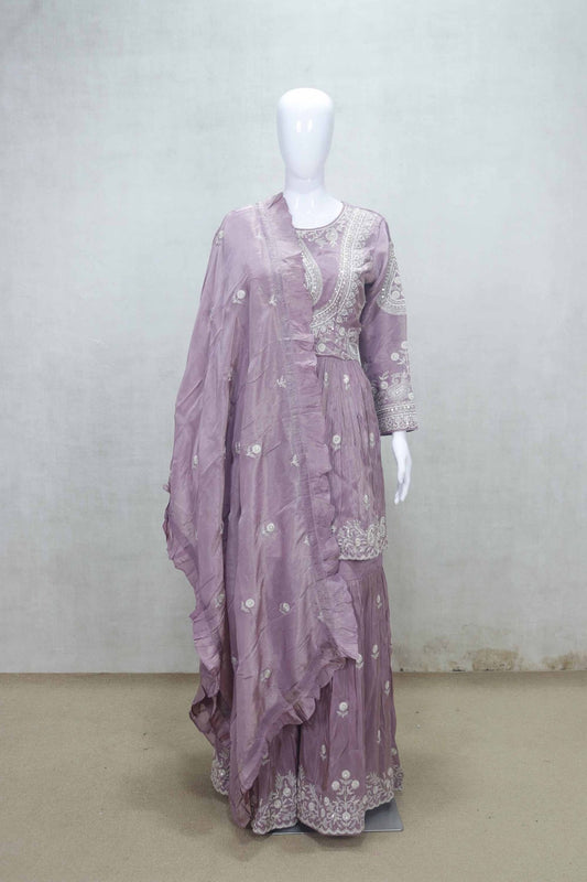 Dusty Lavender Embroidered Festive Wear Kurta and Sharara Set with Ruffled Dupatta - Mangaldeep NX